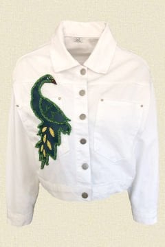 Green Leather Bead Embroidered Peacock Figured White Color Jean Jacket
