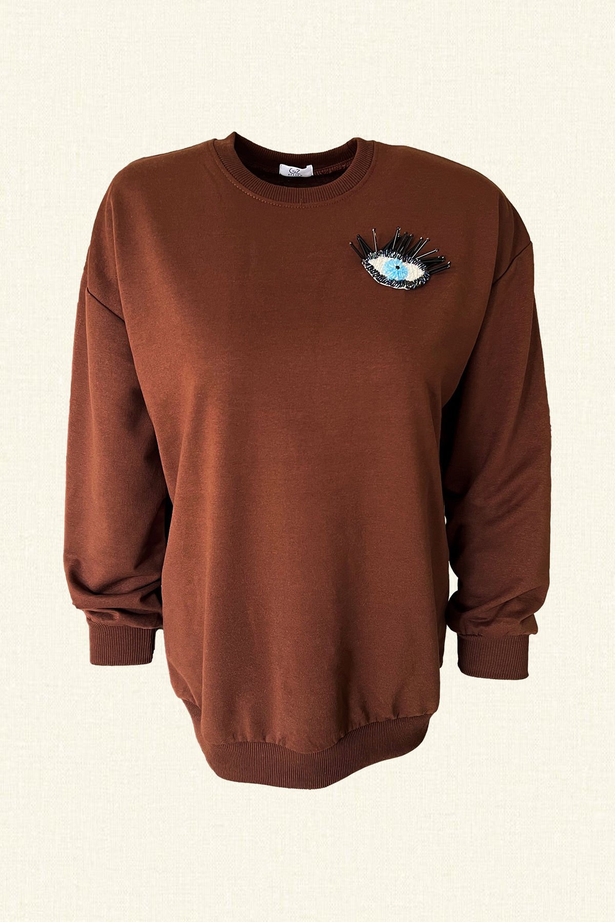 Göz İşlemeli Kahverengi Renk Oversize Sweatshirt