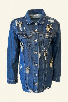 Star Embroidered Long Jean Jacket M