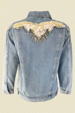 Gümüş Kanat İşlemeli Açık Renk Jean Ceket