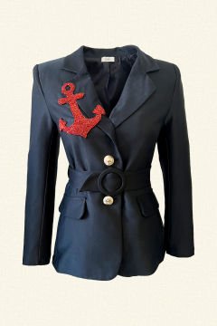 Anchor Pattern Navy Blue Blazer Jacket