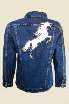 Gri Deri Üzeri Boncuk İşlemeli At Figürlü Koyu Renk Jean Ceket