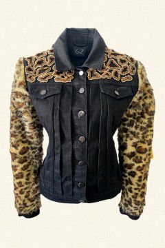 Black Jean Jacket with Leopard Fur Sleeves and Beaded Embroidery on the Front