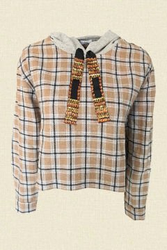 İşleme Detaylı Krem Ekoseli Kapüşonlu Sweatshirt L