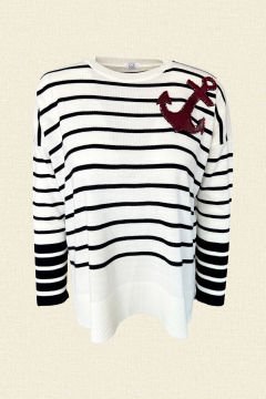 Anchor Figured Black Striped Knitwear Sweater on Leather