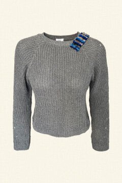 Blue Embroidered Gray Knitwear Sweater