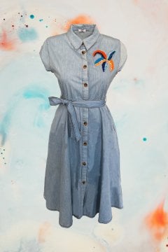 Turuncu Deniz Yıldızı İşlemeli Denim Elbise