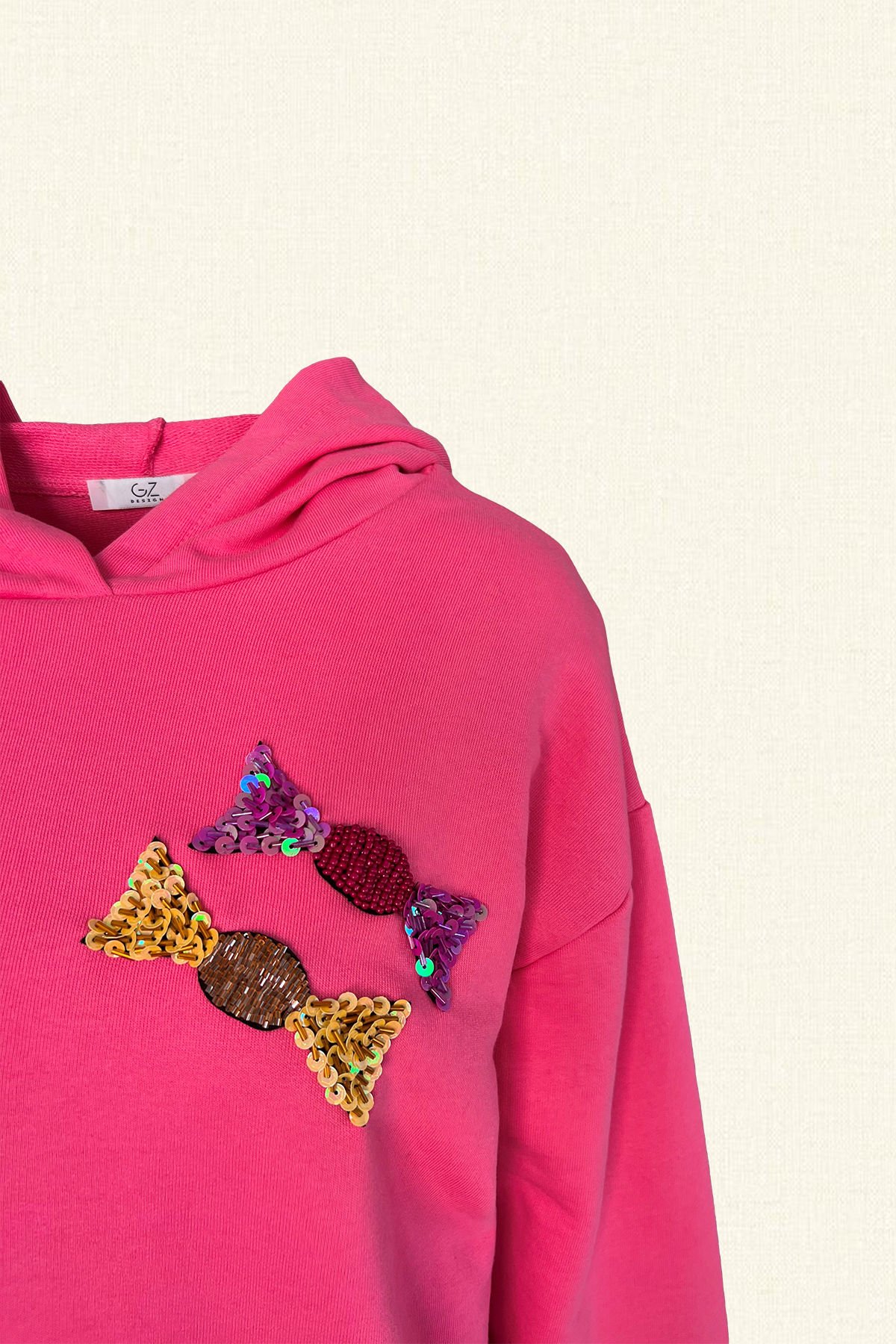 Renkli Bonibon İşlemeli Pembe Renk Oversize Kapüşonlu Sweatshirt
