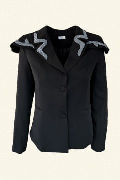 Fırfır Detay Üzeri Dal Motifli Siyah Blazer Ceket