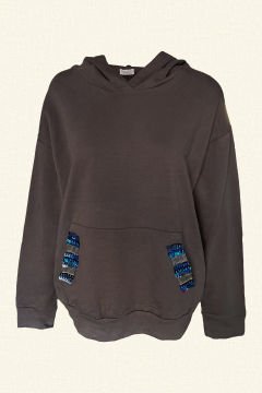 Mavi İşlemeli Gri Renk Oversize Kapüşonlu Sweatshirt