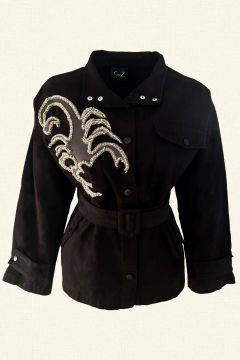 Black Color Jean Jacket With Bead Embroidered Scorpion Figure On Leather