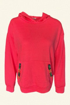 Renkli İşlemeli Neon Pembe Renk Oversize Kapüşonlu Sweatshirt