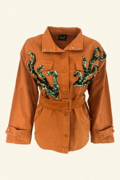 Green Branch Embroidered Tile Color Jean Jacket