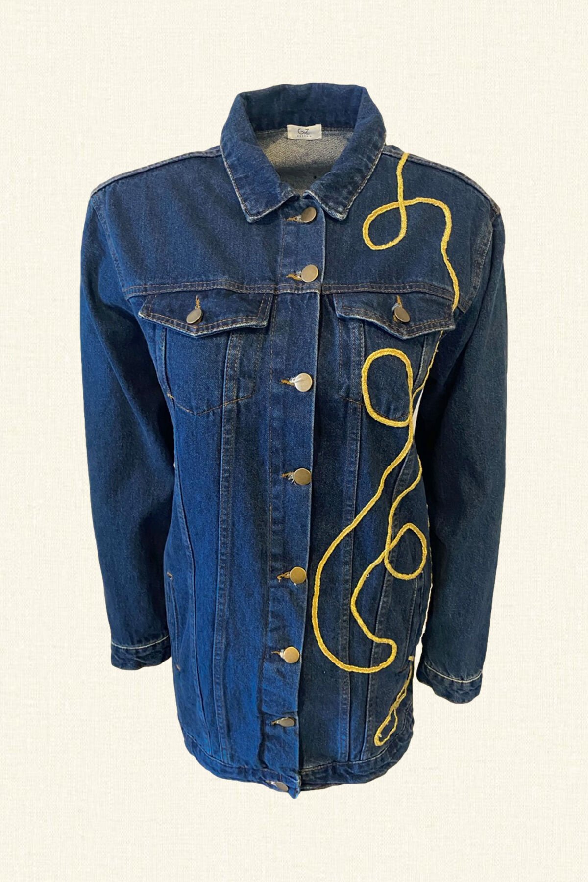 Long dark blue denim jacket best sale