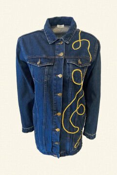 Sırtı Yüz Figürlü Uzun Koyu Renk Jean Ceket