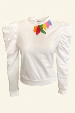 Renkli İşleme Detaylı Balon Kollu Beyaz İnce Sweatshirt