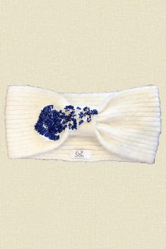 Navy Blue Embroidered White Color Knitted Hair Band