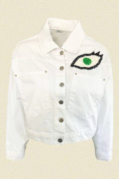 Deri Üzeri Göz İşlemeli Beyaz Oversize Jean Ceket