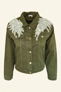 Gümüş Boncuk Detaylı Asker Yeşili Denim Ceket