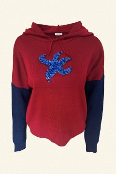 Mavi İşlemeli Kolları Örgü Detaylı Bordo Triko Kapüşonlu Sweatshirt