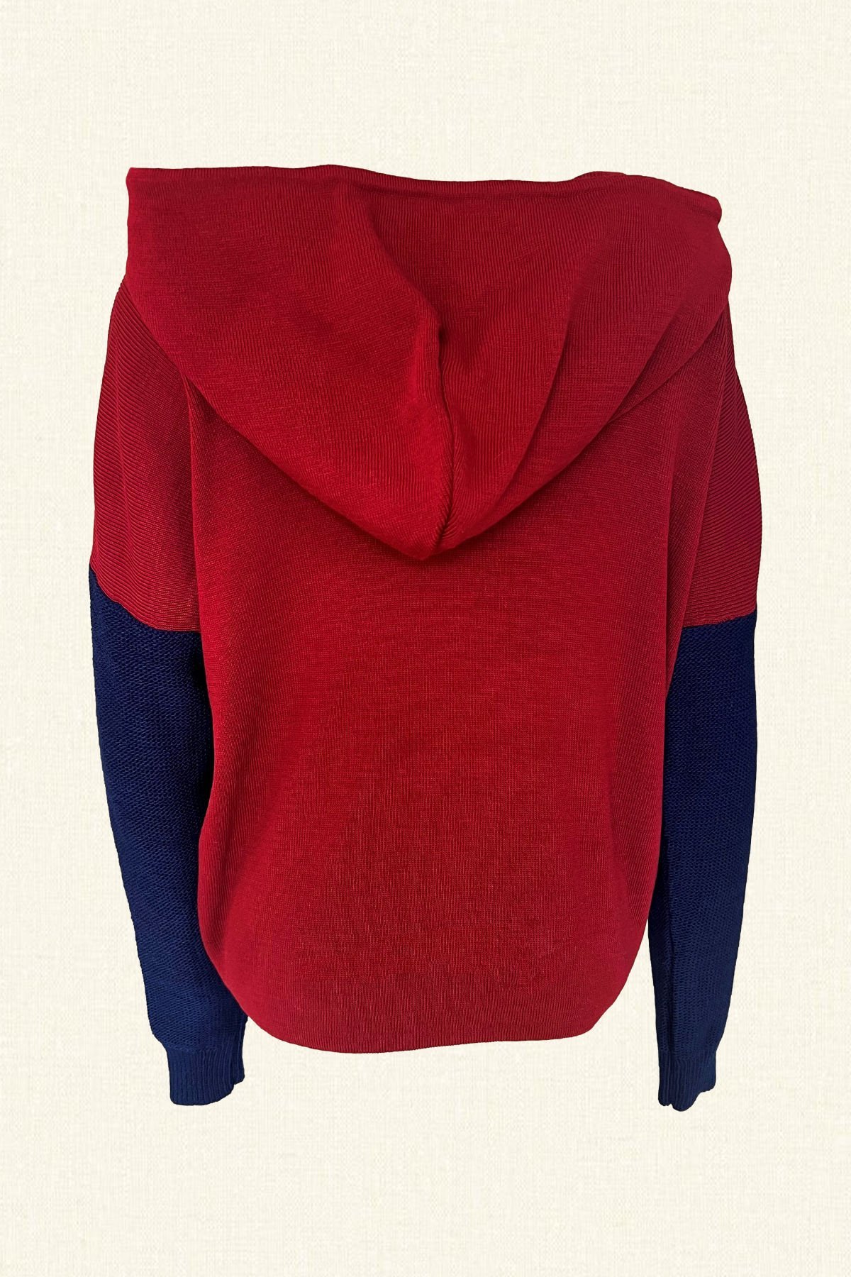 Mavi İşlemeli Kolları Örgü Detaylı Bordo Triko Kapüşonlu Sweatshirt