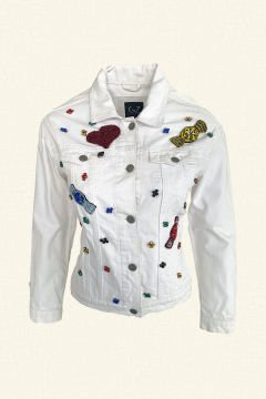 Renkli Kristal Taş İşli Bonibonlu Beyaz Jean Ceket