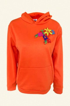 Renkli Çiçek İşlemeli Turuncu Renk Oversize Kapüşonlu Sweatshirt