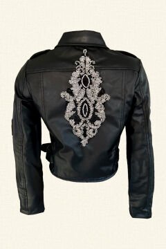 Sırtı Gümüş İşleme Detaylı Biker Deri Ceket