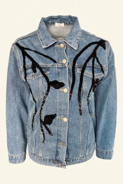 Siyah Payet İşlemeli Açık Renk Jean Ceket