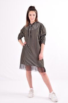 Black-Gold Striped Hemline Tulle Hooded Dress