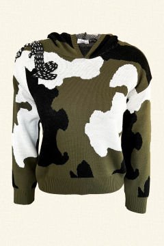 Black Embroidered Camouflage Patterned Hooded Knitwear Sweater