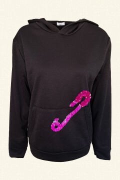 Pembe Çengelli İğne İşlemeli Siyah Renk Kapüşonlu Sweatshirt