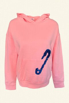 Lacivert Çengelli İğne İşlemeli Pembe Renk Kapüşonlu Sweatshirt