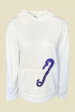 Lila Çengelli İğne İşlemeli Beyaz Renk Kapüşonlu Sweatshirt