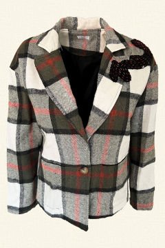 Black Sequin Embroidered Wool Green Plaid Jacket