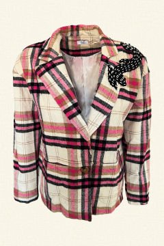 Black Sequin Embroidered Wool Pink Plaid Jacket