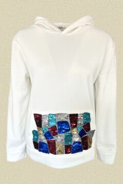 Renkli Payet İşlemeli Beyaz Kapüşonlu Sweatshirt