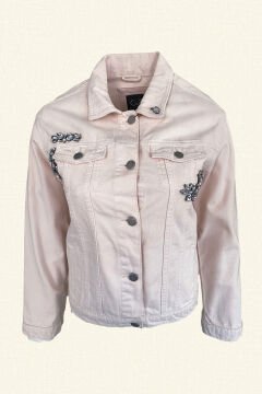 Somon Renk Kristal İşlemeli Jean Ceket
