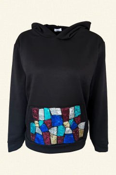 Renkli Payet İşlemeli Siyah Kapüşonlu Sweatshirt