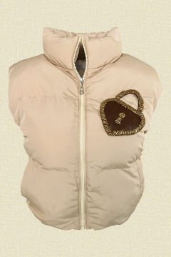 Leather Bead Embroidered Lock Figured Cream Bomber Inflatable Vest