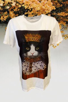 Kraliçe Kedi Motifli Beyaz Oversize Tişört