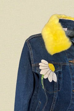 Daisy Embroidered Yellow Fur Detailed Dark Color Jean Jacket