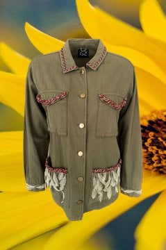 Bordo İşleme Detaylı Asker Yeşili Oversize Ceket