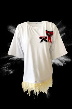 Ladybug Embroidered Feather Detailed White Oversized T-Shirt
