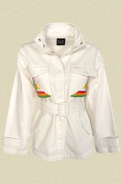 Renkli Boncuk İşlemeli Beyaz Oversize Ceket