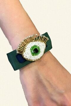 Yellow Bracelet with Crystal Bead Embroidered Eye Detail and Green Ribbon
