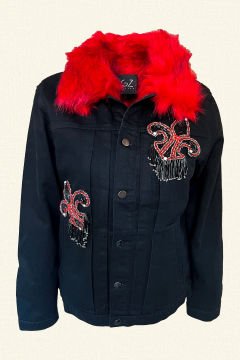 Kırmızı Kürklü Boncuk Püskül Detaylı Siyah Jean Ceket