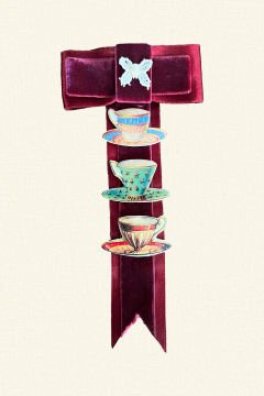 Burgundy Velvet Brooch with Ceramic Cup Figure