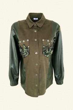 Yeşil Alev İşlemeli Kolları Deri Detaylı Jean Ceket