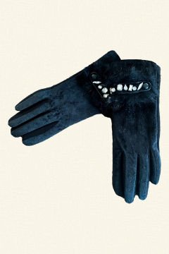 Feather And Crystal Embroidered Black Gloves